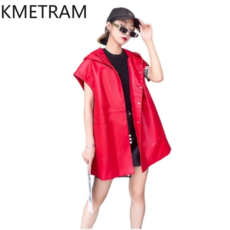 100% Top Layer of Sheepskin Jacket Woman Short Sleeve Genuine Leather Vest with Hood New in Coats Fall Clothes 2025 Women 정품급