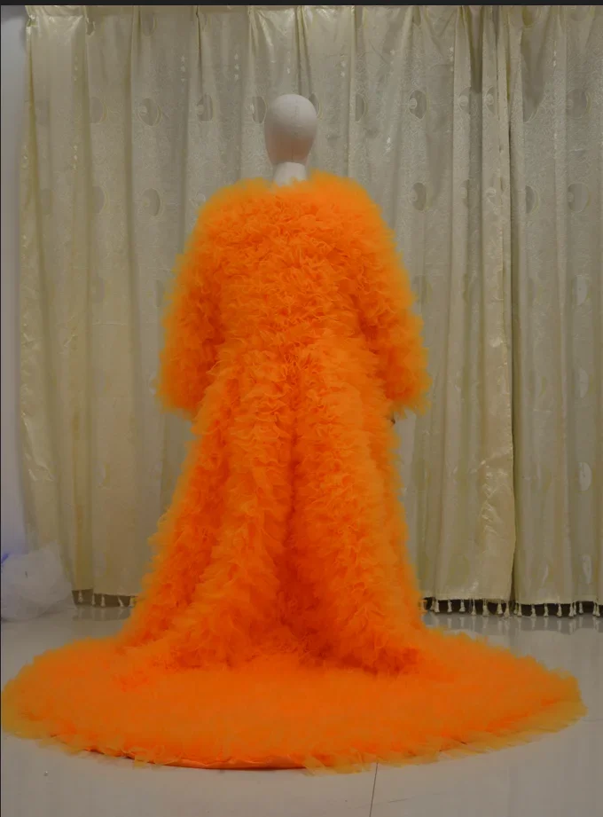 Amazing Ruffles Layered Tulle Long Jacket Women Formal Jacekt Full Sleeves Very Puffy Long Robe Outwear custom size