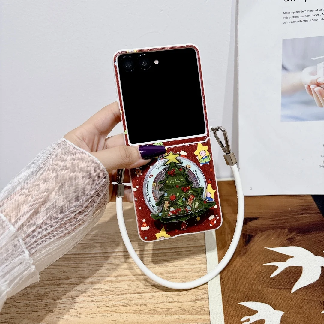 

New Year Gifts Christmas Tree Magnetic Holder Wireless Charge Phone Case For Samsung Galaxy Z Flip 7 6 5 4 3 Leather Hard Cover
