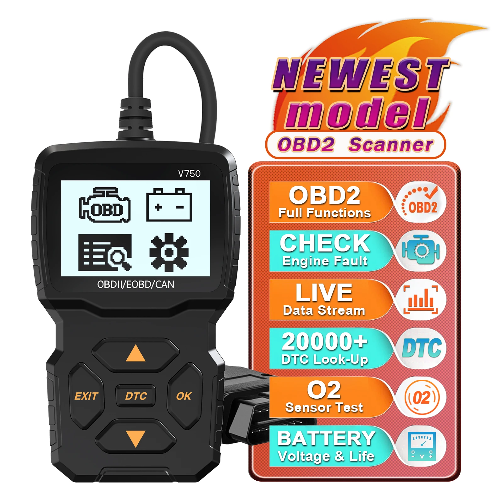 OBDII Black V750 OBDII/EOBD Code Reader Scanner Auto Diagnostic Tool for 12V Vehicles Helps in Car Diagnostics