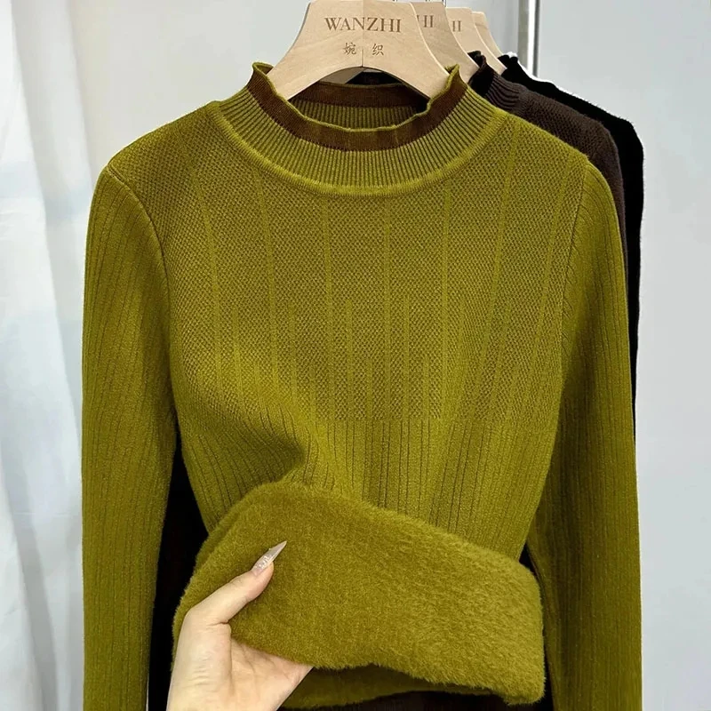 

2024New Autumn Winter Pullover Sweater Women Fashion Elastic Warm Add Velvet Thicken Turtleneck Knitted Female Bottoming Shirt