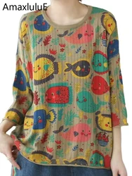 Amax luluE Kroean Women Winter Loose Fashion Pullover Leisure Printed Warm O Neck Jumpers Ladies Cotton Big Size Floral Knitwear