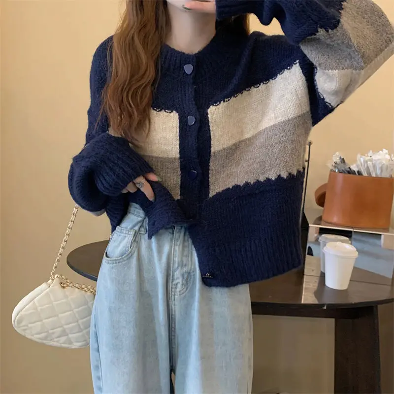 Women Autumn Fashion Striped Vintage Loose O-neck Long Sleeve Knitwear Ladies Office Lady All-match Knitting Cardigan Coat Tops