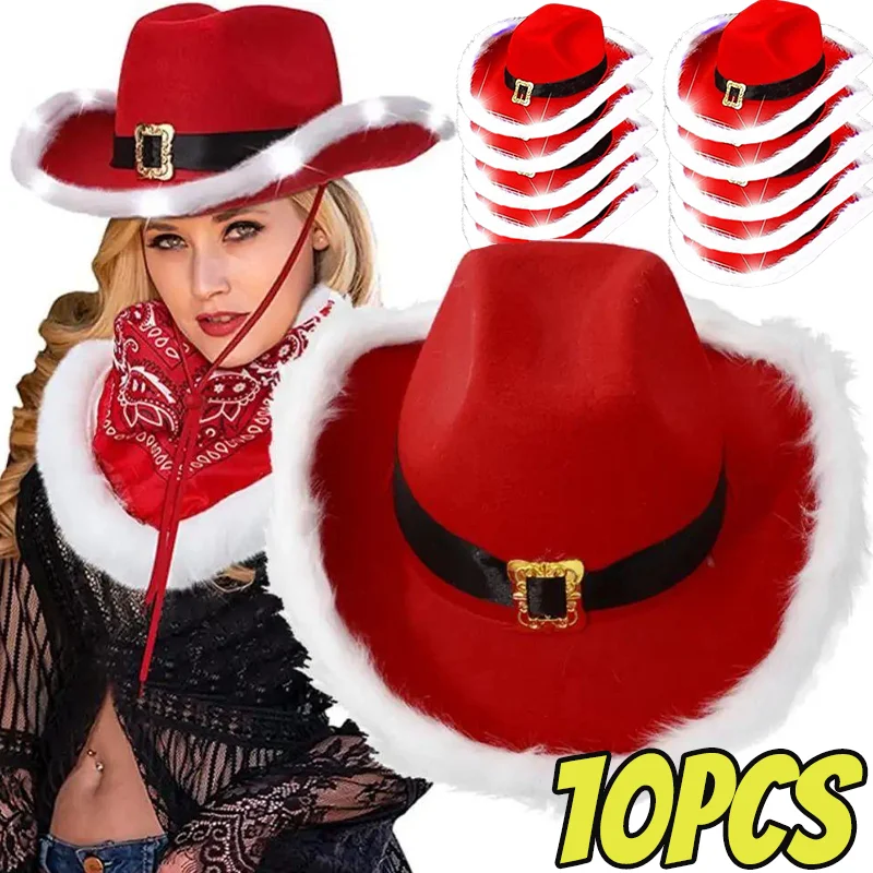 Christmas Red Cowboy Hat Winter Women Girls Feather Black Belt Soft Hats Adjustable Comfortable Luminous Santa Cap New Year Gift