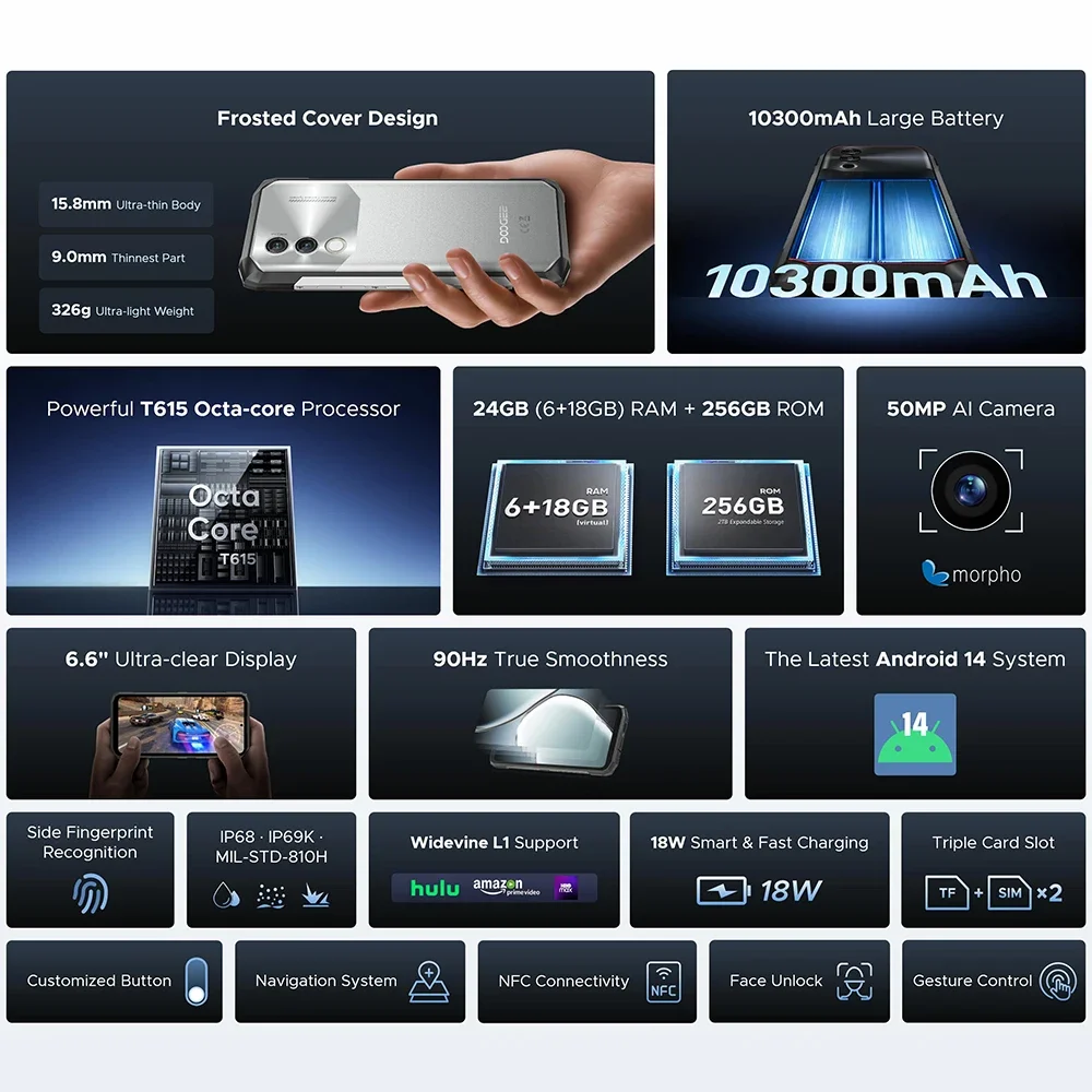 Global Version DOOGEE Blade10 Power Rugged Phone 6GB 256GB 6.6'' HD+ 90Hz IPS Screen 10300mAh Battery 50MP AI Camera Android 14