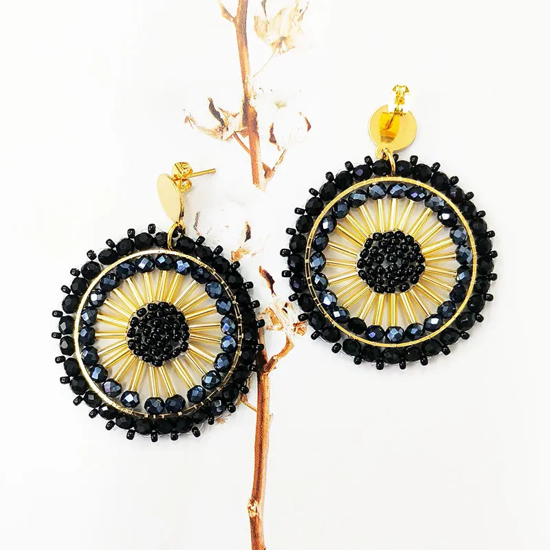 Beaded earrings Originality Long pipe Hand knitting Bohemia Alloy Roundness Tide Simple Crystal Rice bead earrings