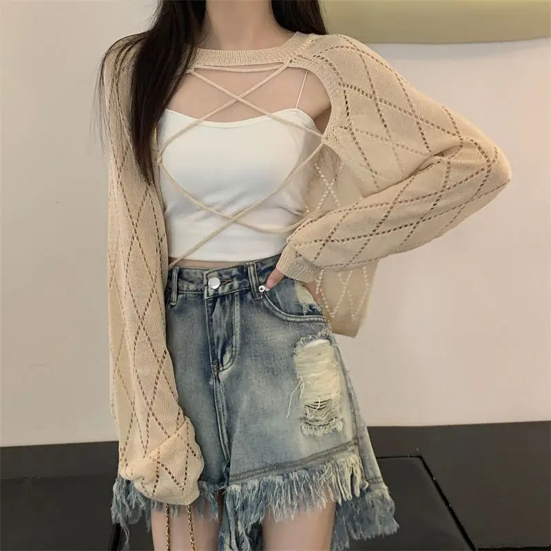 Cardigan Sweaters Women Loose Sun-proof Hollow Out  Korean Style Simple Trendy Knitted Spring Solid All-match Outwear Bandage