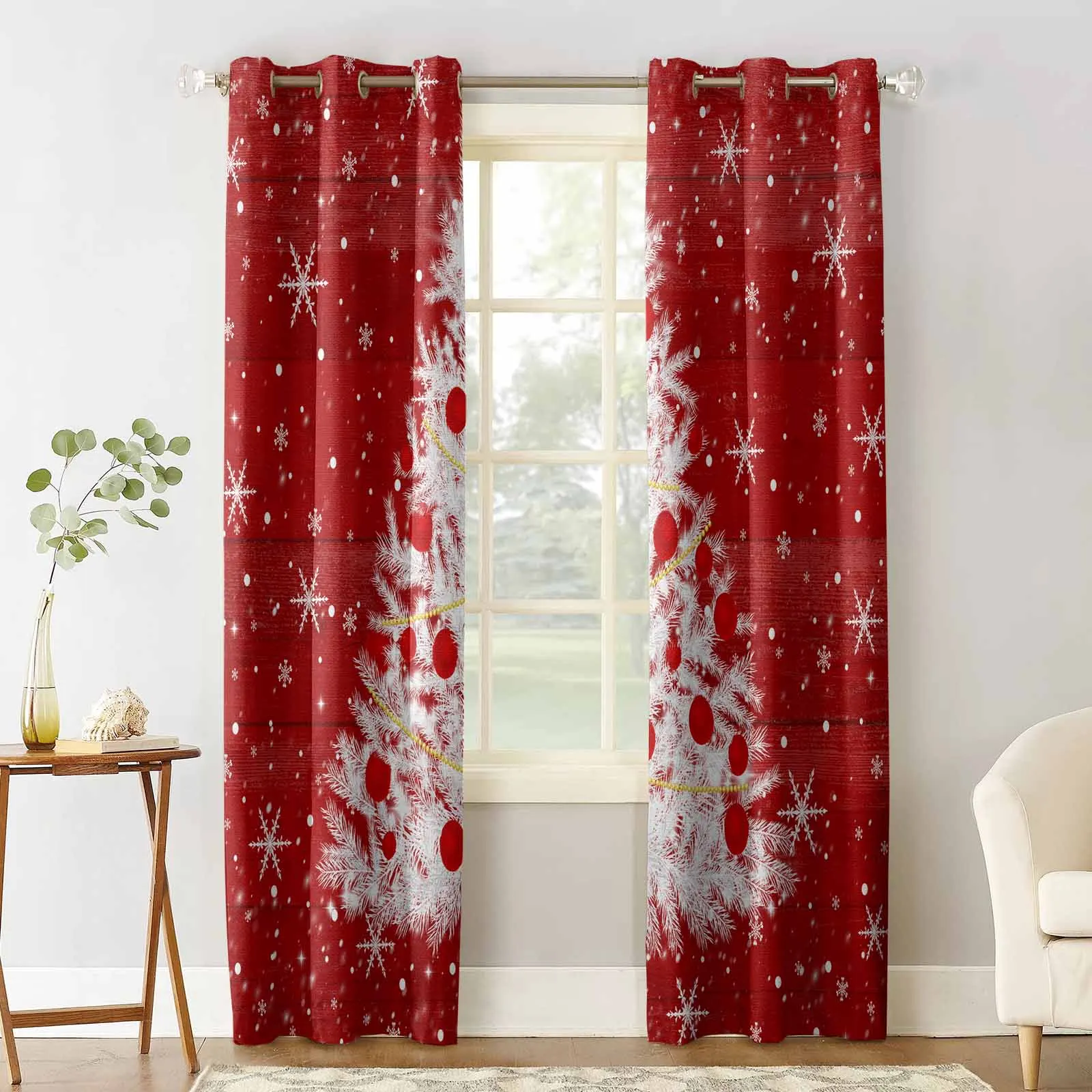 Christmas Red Wood Grain Tree Snowflakes Curtains For Kitchen Bedroom Window Treatment Curtains For Living Room Home Decor