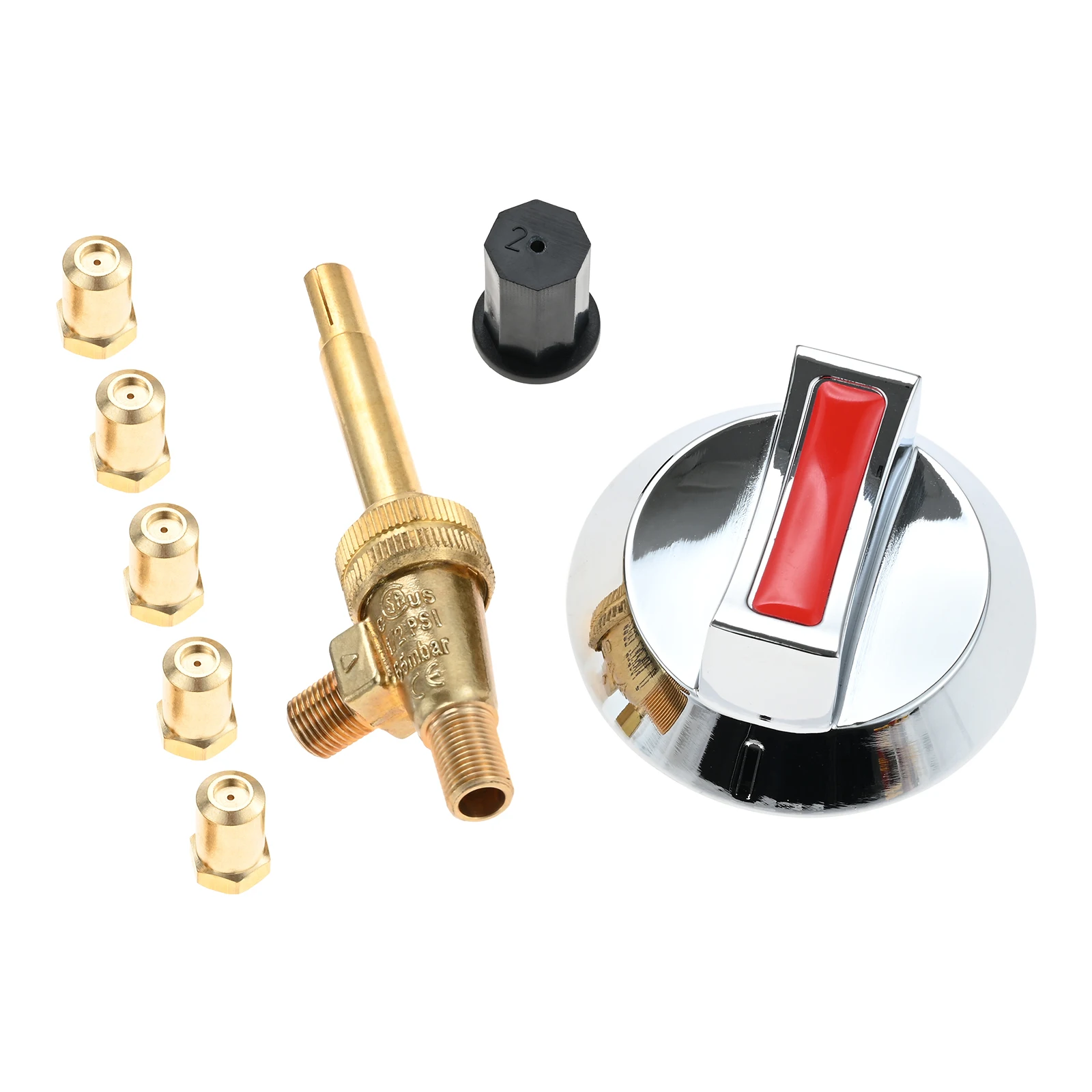 Long Stem Gas Stove Valve with Knob and 5pcs Orifice Pack Kit 0.7mm, 1.2mm, 2.0mm, 2.5mm, 3.2mm Replace for Robertshaw 4626-001