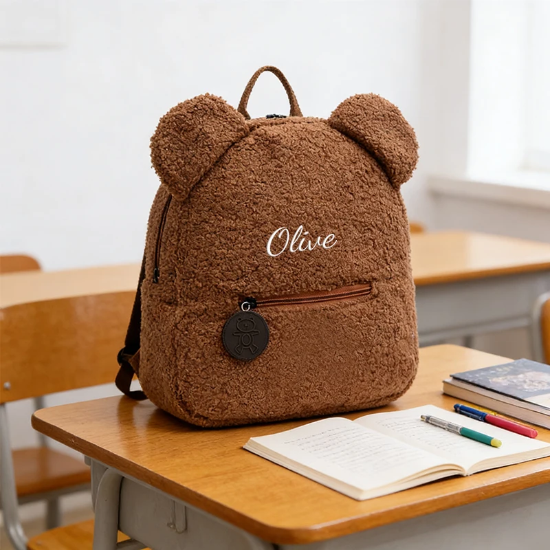 Bestickter, personalisierter Plüsch-Cartoon-Teddybär-Doppelschulter-Rucksack, lässiger Rucksack, geeignet für Schule, tägliche Ausflüge, Geschenke – Detail 6