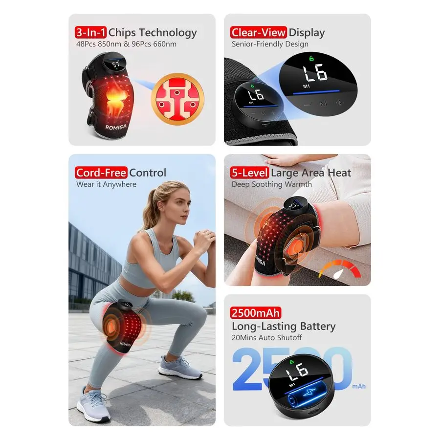 دعامة الركبة للعلاج بالضوء مع تدليك أمبير حراري، وحدة تحكم لاسلكية قابلة لإعادة الشحن، مؤقت تلقائي 20 دقيقة، 660 نانومتر أمبير 850 نانومتر بالقرب من الأشعة تحت الحمراء