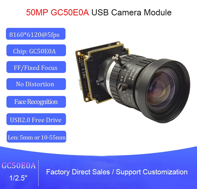 

50MP 5mm 10-55mm GC50E0A C Mount Industrial Camera 1/2.5" F2.8~C Machine Vision Manual Focus USB 2.0 Low Distortion UVC Webcam