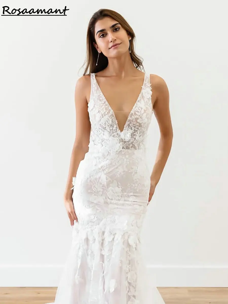 

Charming V-Neck Backless Mermaid Wedding Dresses Illusion Sleeveless Appliques Lace Boho Bridal Gowns