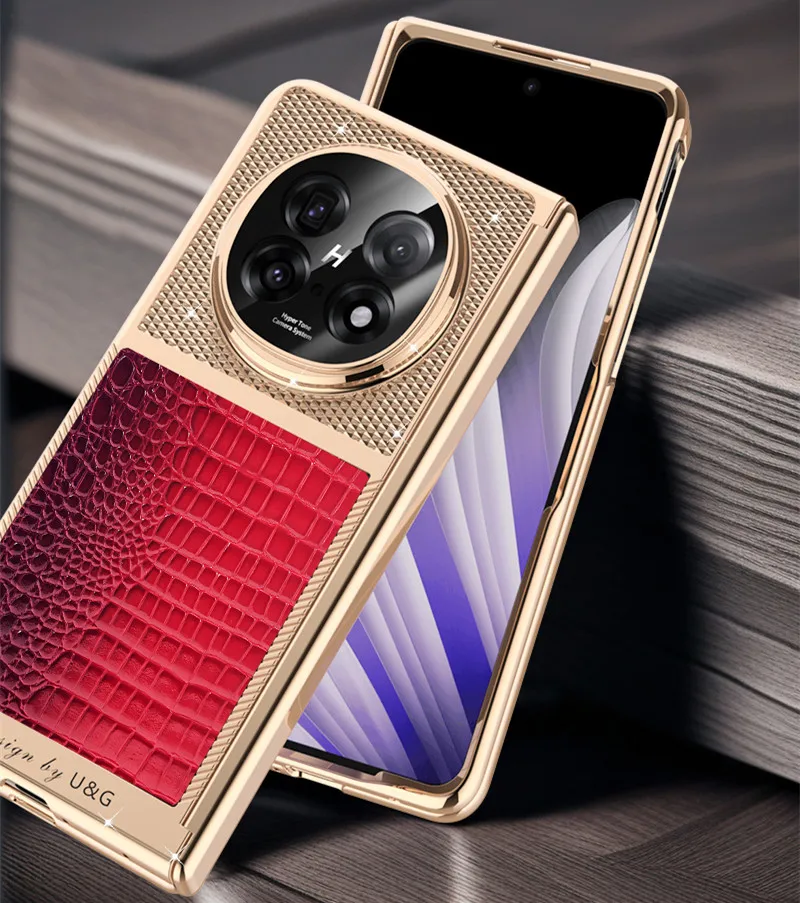 Genuine Cowhide Leather Diamond Glossy Plastic Case For OPPO Find N5 FindN5 Crocodile Grain Magnetic Flip Hinge Cover Glass Film