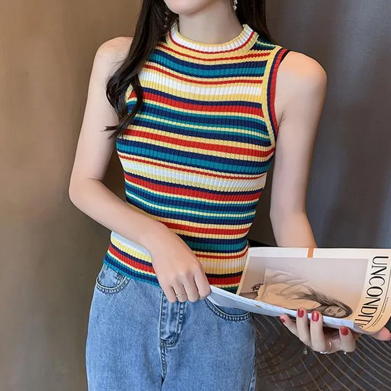 

Женская одежда больших размеров, новый летний корейский жилет для полных девочек в радужную полоску с круглым вырезом, вязаный облегающий жилет, топ