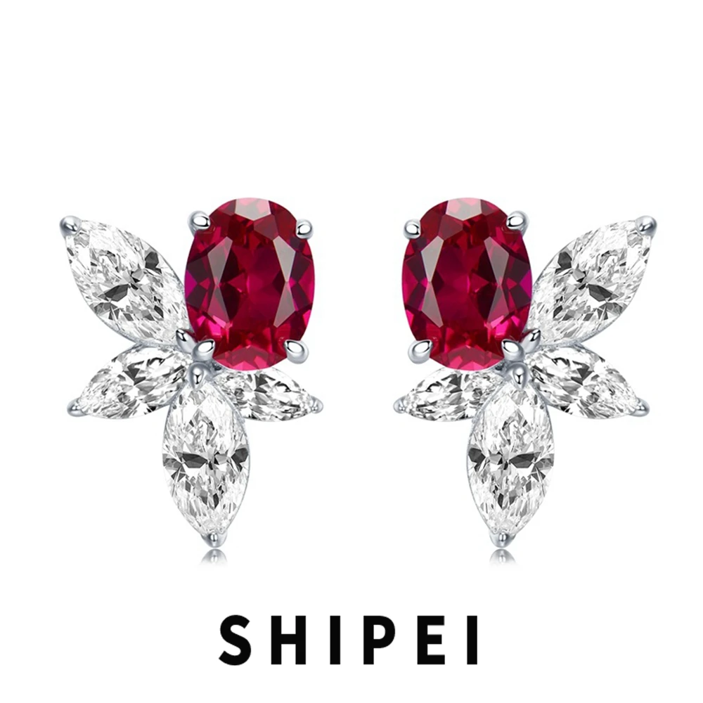 

SHIPEI Luxury Solid 925 Sterling Silver 6*8 MM Ruby White Sapphire Gemstone Ear Studs Earrings Fine Jewelry for Women Wholesale