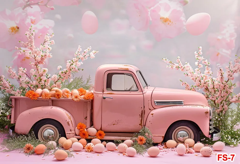 Spring Easter Photography Backdrop Blue Truck Colorful Eggs Flowers Rabbit Background Tulip Floral Forest Photo Tapestry Booth