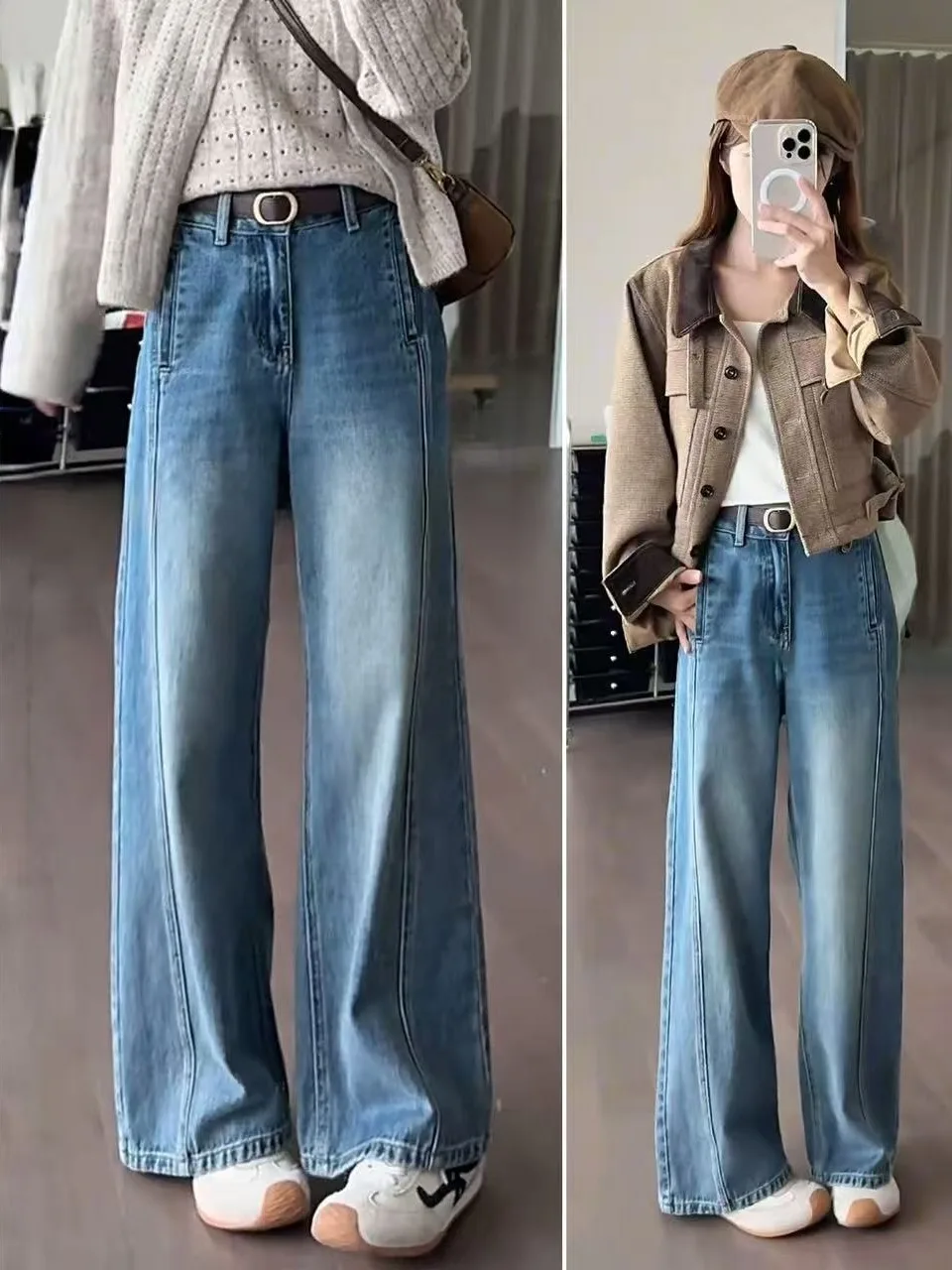 

plus Size Women's Vintage High Waist Wide Leg Jeans Loose Fit Floor Length Straight Long Pants Autumn Winter Casual Wear