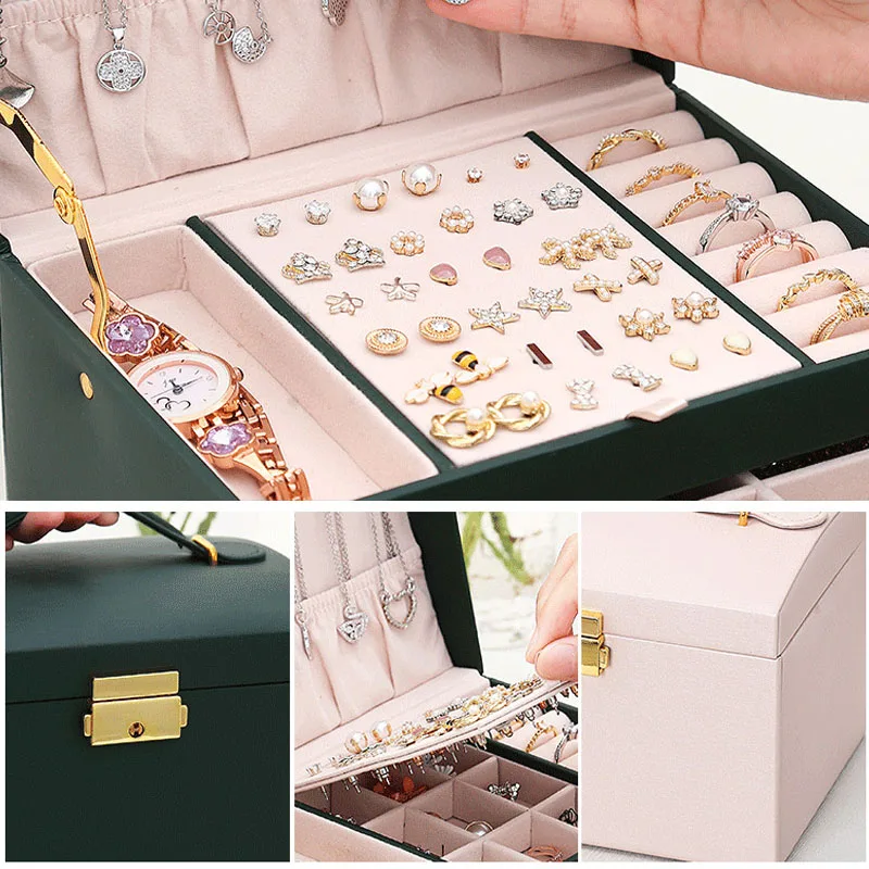 3Layers Portable Jewelry Box Jewelry Organizer Display Travel Jewelry Case Boxes Button Leather Storage Zipper Jewelers Joyero