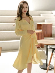 Korean 2 Piece Outfits Elegant Women Temperament Casual Shirt Wrap Slit Mini Dress Street Beach Midi Skirt Mujer Femme Slim Sets