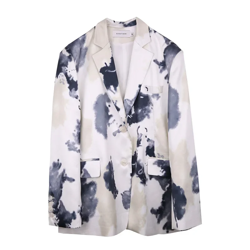 

Summer Women Korean Tie-dye Print Thin Suit Jacket Casual Notched Collar Long Sleeve Single-breasted Blazers Coat Chaqueta Mujer