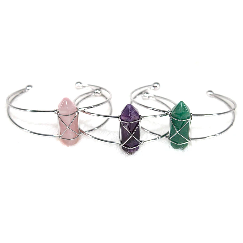 Hexagonal Amethyst Point Stone Healing Crystal Bracelet Handmade Wire Wrapped Gemstone Adjustable Cuff Bangles