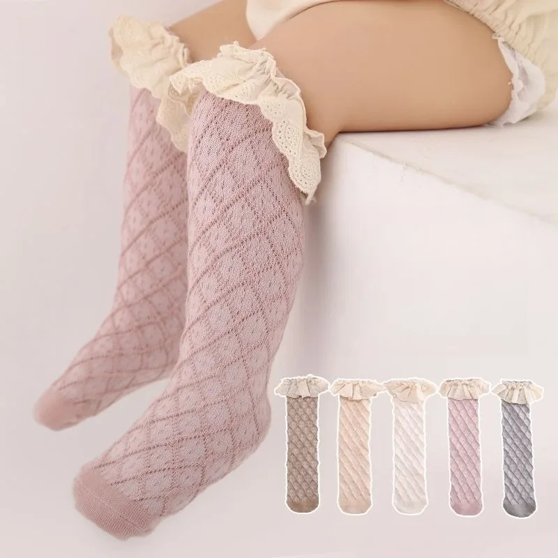 Baby Knee High Cotton Socks with Lace Vintage Solid Color Princess High Top Elastic Socks for Kids Spring Autumn Universal