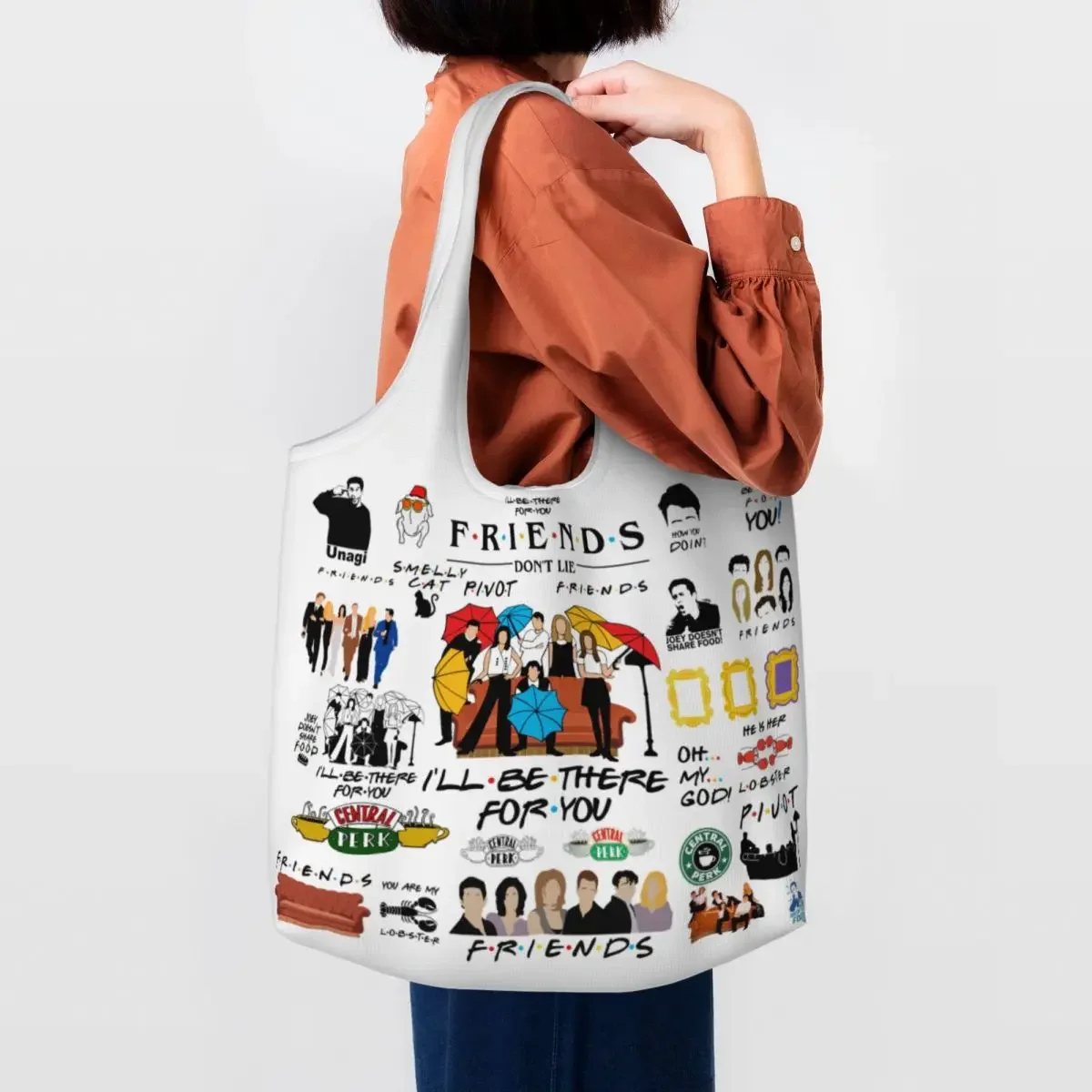 

Funny TV Show Friends Collage Groceries Shopping Tote Bags Women Fashion Canvas Shopper Shoulder Bag Large Capacity Handbags