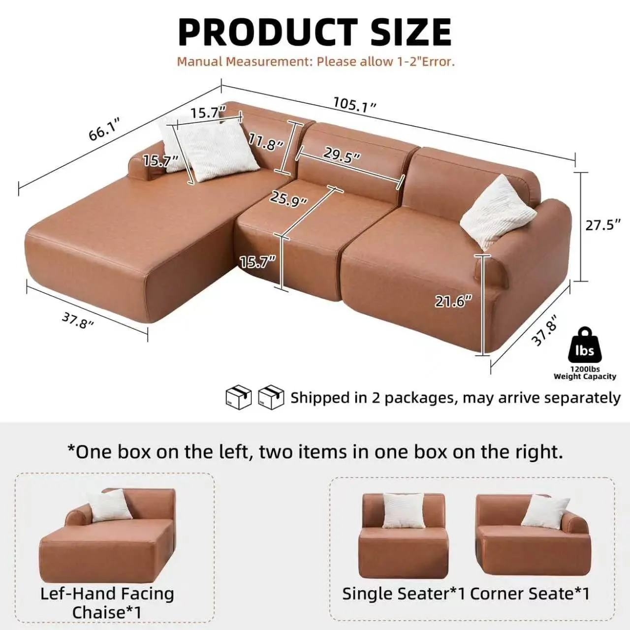 105 Inch Modular L Sofa, Deep Seat High Density Foam, Waterproof Fabric, Removable Washable Cover, Left Chaise, Customized