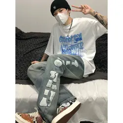 Dżinsy czaszka boczne hafty dżinsy Hip Hop mężczyźni kobiety spodnie Y2k spodnie dżinsy moda Streetwear markowe dżinsy dżinsy Aestethic Casual