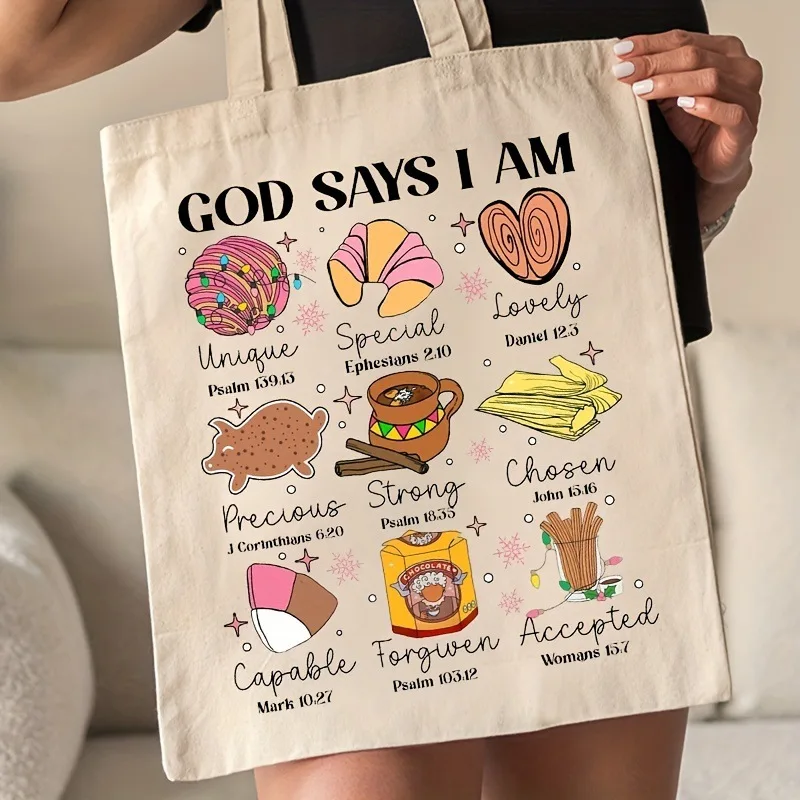 

Women's Canvas Tote Shoulder Bag God Says I Am Biblical Verse Inspirational Quote Hand-drawn Icon Faithful Daily Women Bag