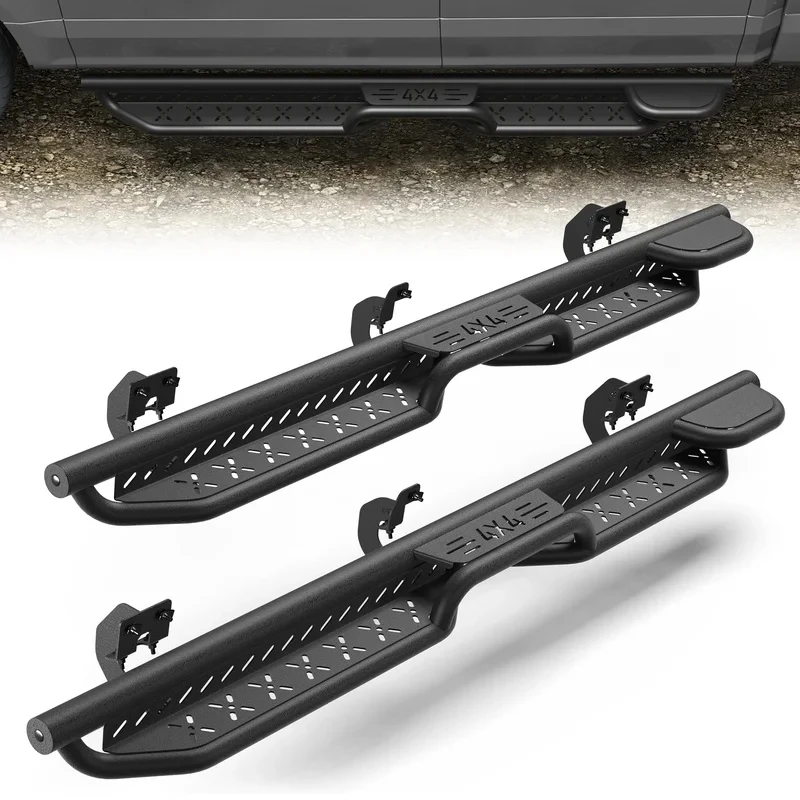 Sturdy Two Raised Powder Coated Black Carbon Steel Side Step Running Boards Off Road Vehicle Parts