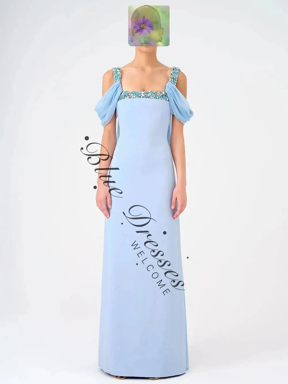 

customized Elegant Blue Jersey Evening Dress Fashion Square Collar Celebrity Gowns Exquisite Sweep Train Vestido De Festa