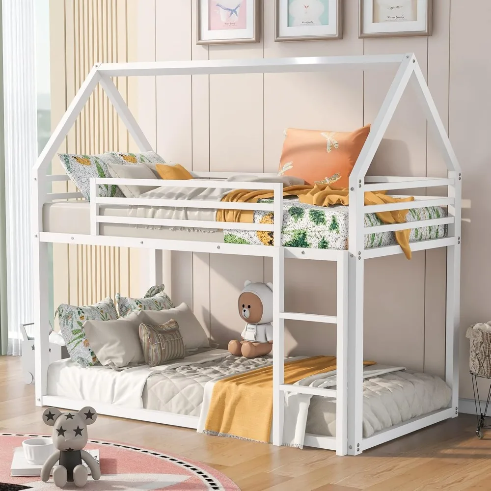 Bunk Bed Twin Over Twin Junior Metal Floor Bunk Bed with Ladder House Shaped Bunk Bed Frame No Box Spring Needed