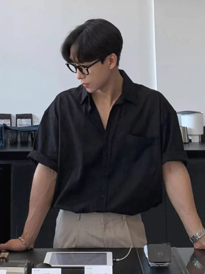 

Мужская рубашка American Sle Loose с коротким рукавом, из ледяного шелка и шифона, немнущаяся, молодежная, летняя, из тонкой ткани, однотонная