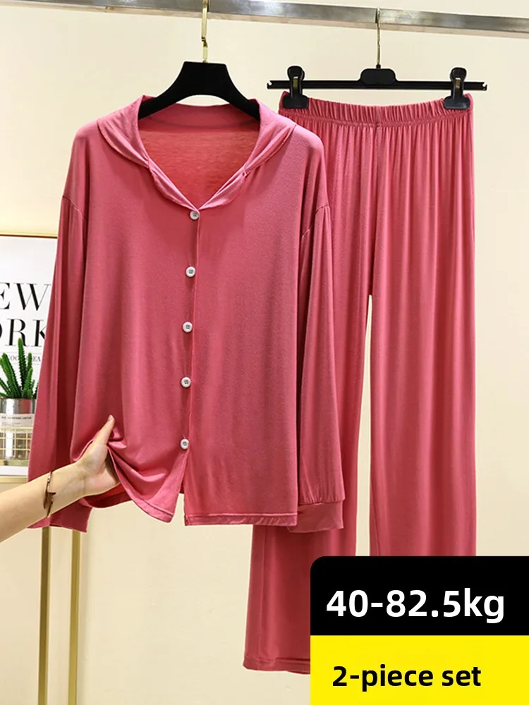 Modal longo sve spwear conjunto feminino primavera verão leve casual solto ajuste casa roupas de duas peças conjunto botão frontal