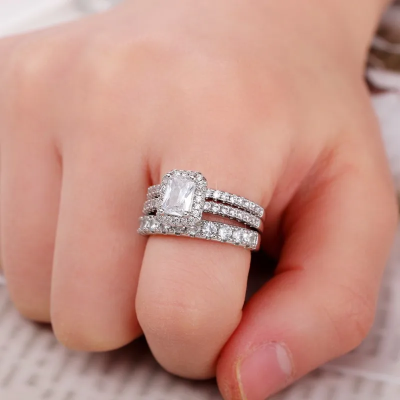 Huitan Modern Fashion Geometric Square Cubic Zirconia 3Pcs Set Women Rings 2023 New Trendy Wedding Party Rings Luxury Jewelry
