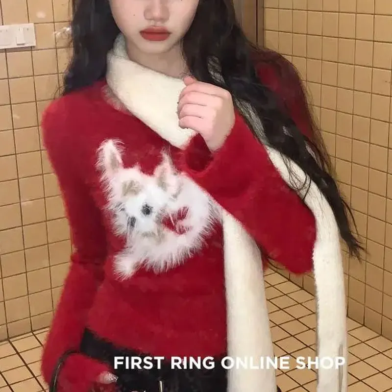 Female Clothing Cartoon Puppy Pullovers Knitted Vintage Round Neck Autumn Winter Christmas Vintage Jacquard Weave Short Sweaters