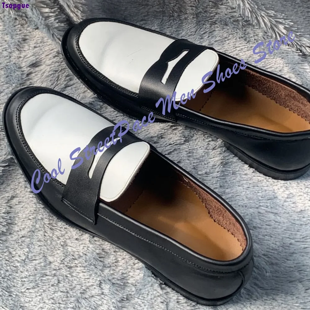 Men Two Tone Penny Loafers Round Toe Color Block Slip On Genuine Leather Vintage Casual Dress Shoes Daily Business Footwear