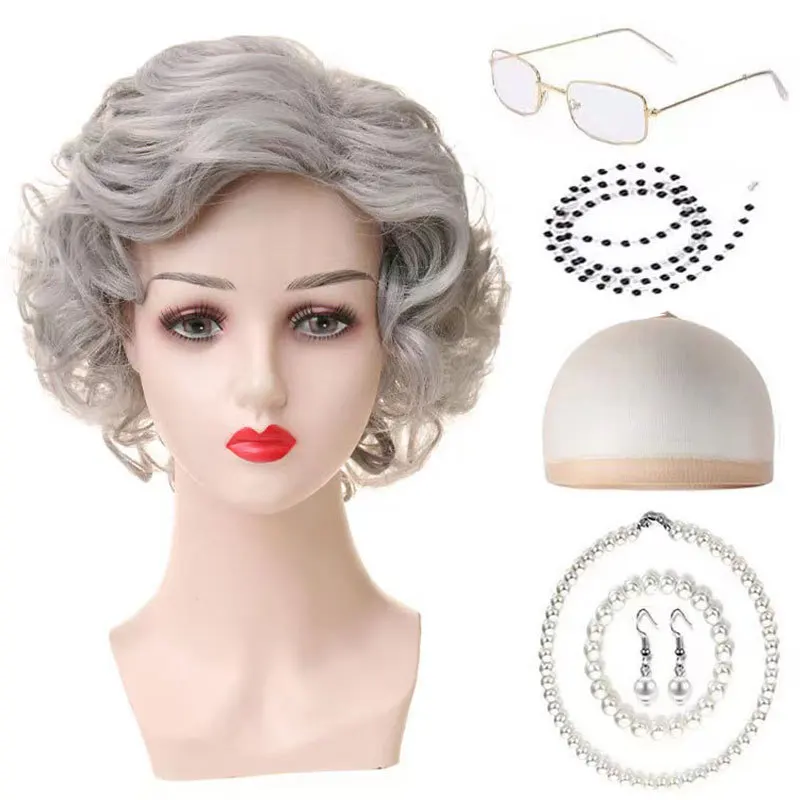 Halloween Cosplay Middle-aged and Elderly Grandpa/grandma Wig Women 100 Days of School Costume Short Curly Hair Outfit Set