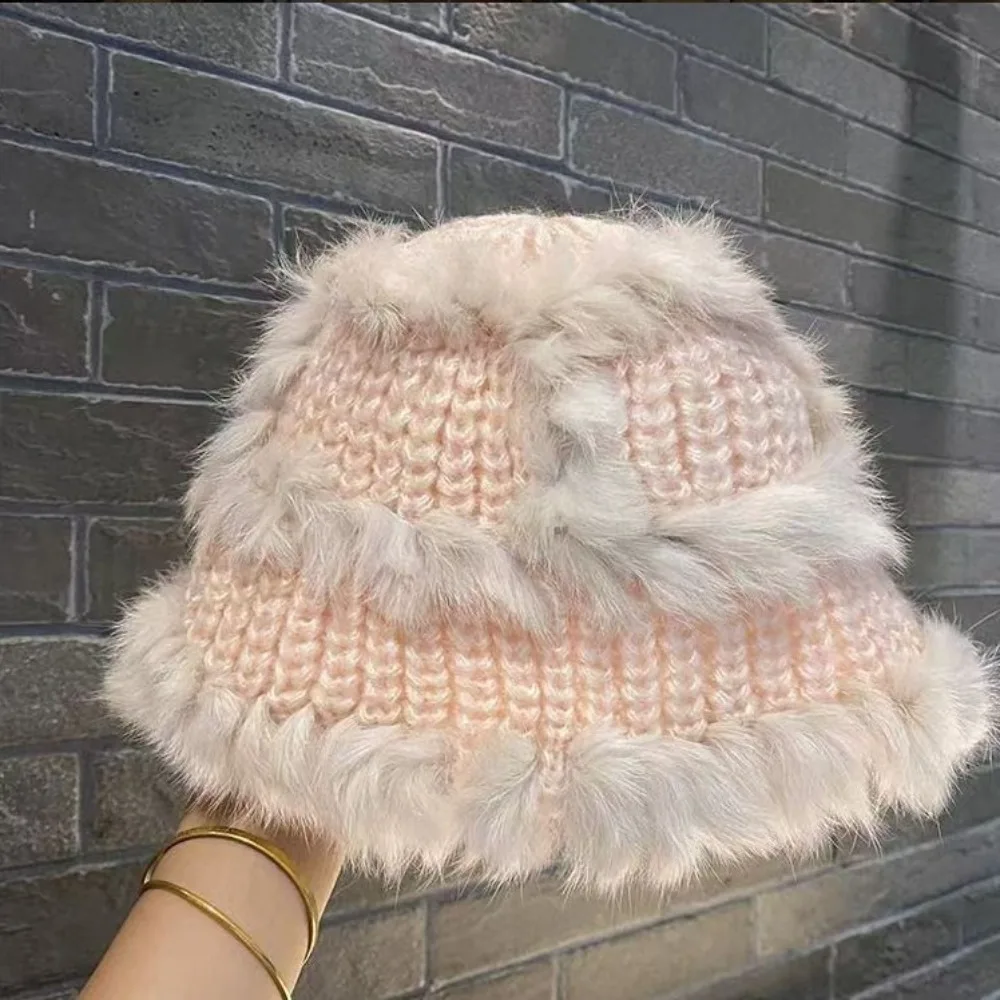 Cozy Touch Polyester Fiber Bucket Hat Wide Brim Thick Knit Winter Hat Warm Soft Lined Knit Beanie Daily Outdoor