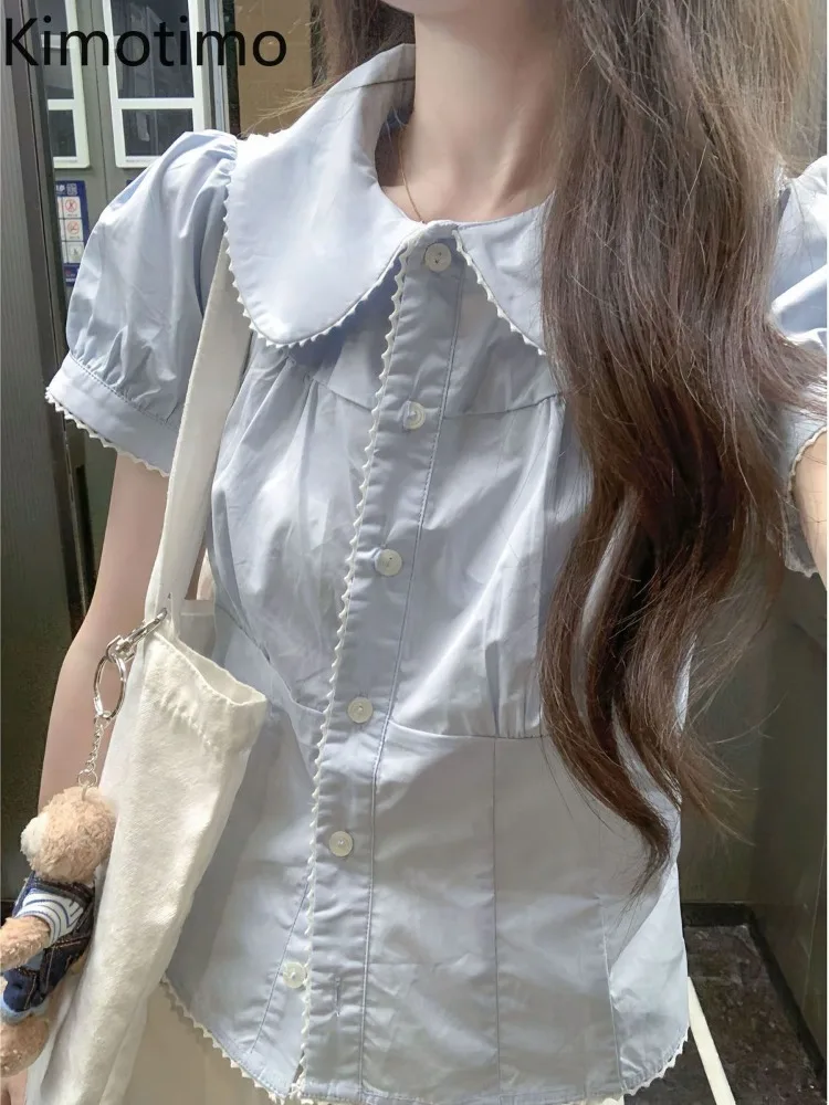 Kimotimo Japanese Sweet Short Sleeve Shirts Women Peter Pan Collar Slim Button Crop Top 2026 New Simple Solid Versatile Blouse