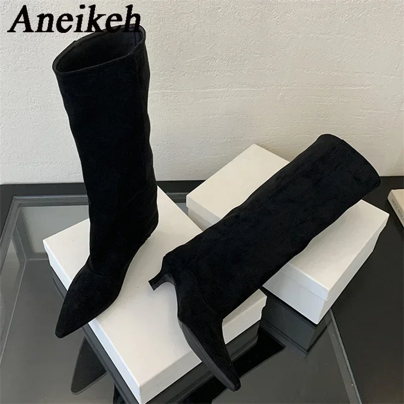 Aneikeh 2025 트렌드 디자이너 빈티지 얇은 로우 힐 신발, 모던 보타스, 포인트 토, 무릎 길이 부츠, 가을, 겨울