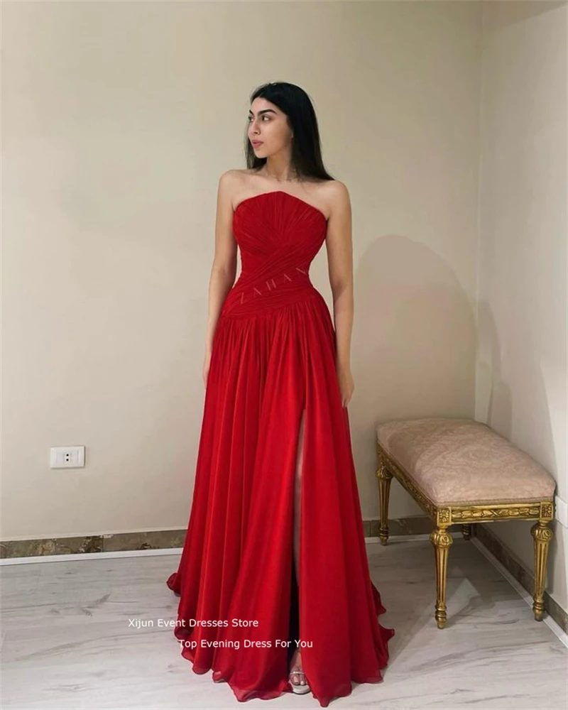 Xijun Red Chiffon Prom Dresses Sleevelesss Maxi Prom Gowns Formal Party Elegant Gowns SIde Slit Evening Dress For Women Long2023