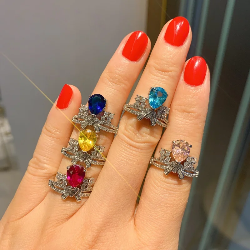 

New European and American Pear-Shaped Ring Full Diamond Zircon Ring Blue Zircon Gemstone Ring
