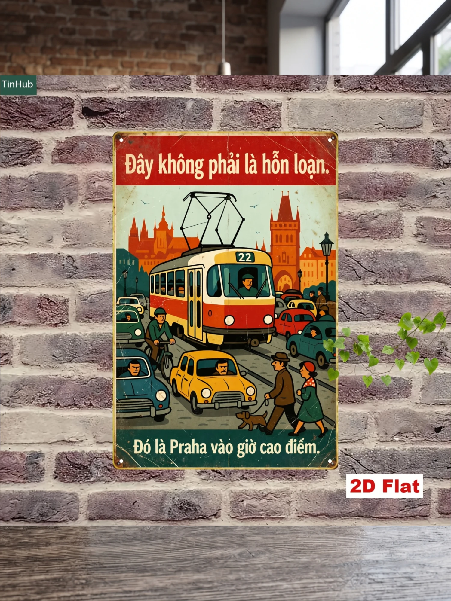 2D Flat, 2D Flat 1pc Vintage Prague Street Scene Metal Sign, 7.87x11.81inch Iron Sign with Vietnamese Humorous Quote Design, Featuring City Traffic and Trams, Vintage Industrial Art Style, Suitable for Home, Bar, Cafe, Garage Wall Decor, Tin Hanging