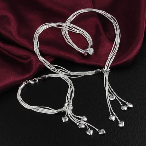 

Fashion Women 925 Sterling Silver Tassels Hanging Heart Bracelets Necklace Jewelry Set Party Christmas Gift Girl Wedding