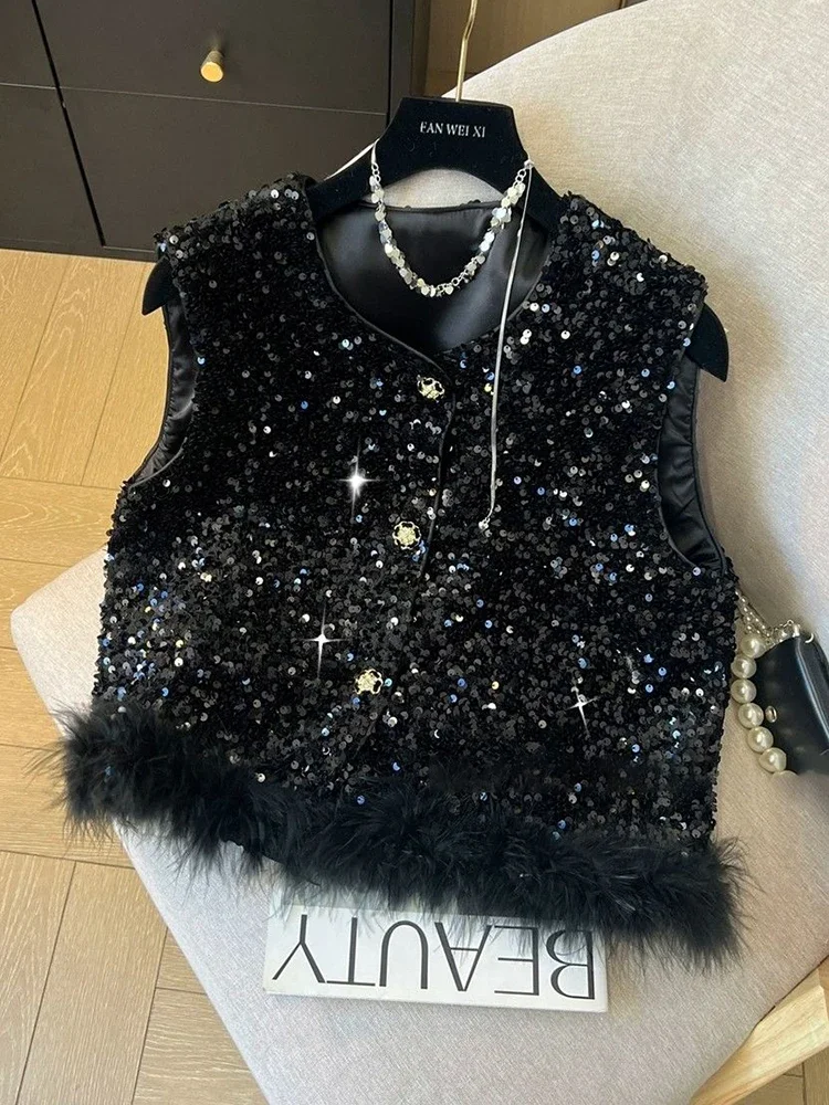 New Chinese style heavy industry sequined vest, women's 2024 autumn new retro shoulder top  knit vest  chaleco mujer