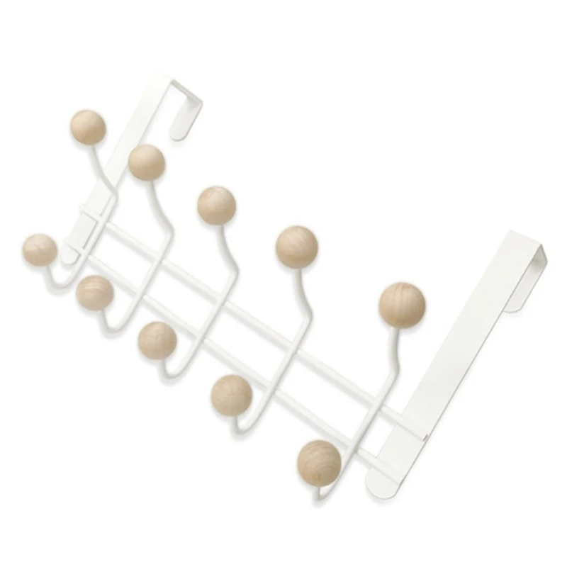 5 Hooks Over Door Hanger With Wooden Balls, Multi Functional Modern Design Wardrobe Bathroom