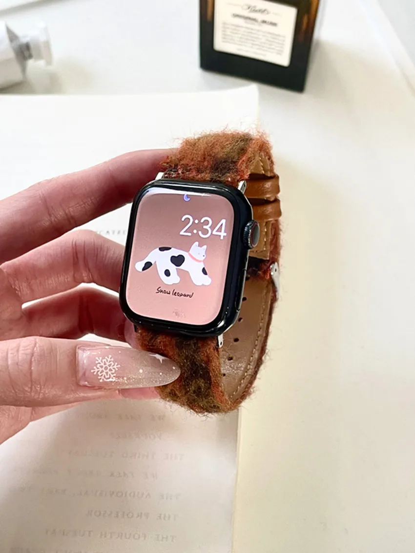 سوار ساعة من الصوف والجلد لساعة أبل iWatch ، 40 ، 44 ، 45 ، 8 ألترا٢ ، 49 ، سوار معصم ، 8 ، 7 ، 6 ، 5 ، 4 ، 41 ، 40 أو